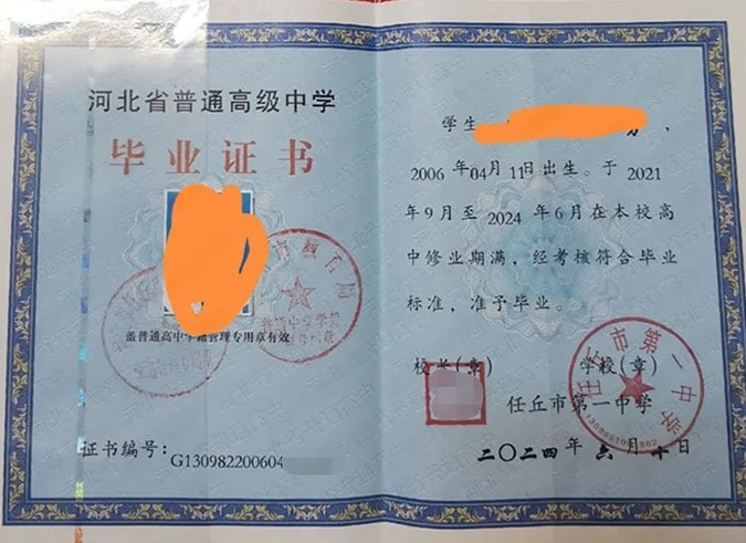 北戴河任丘市第一中学高中毕业证样本图片